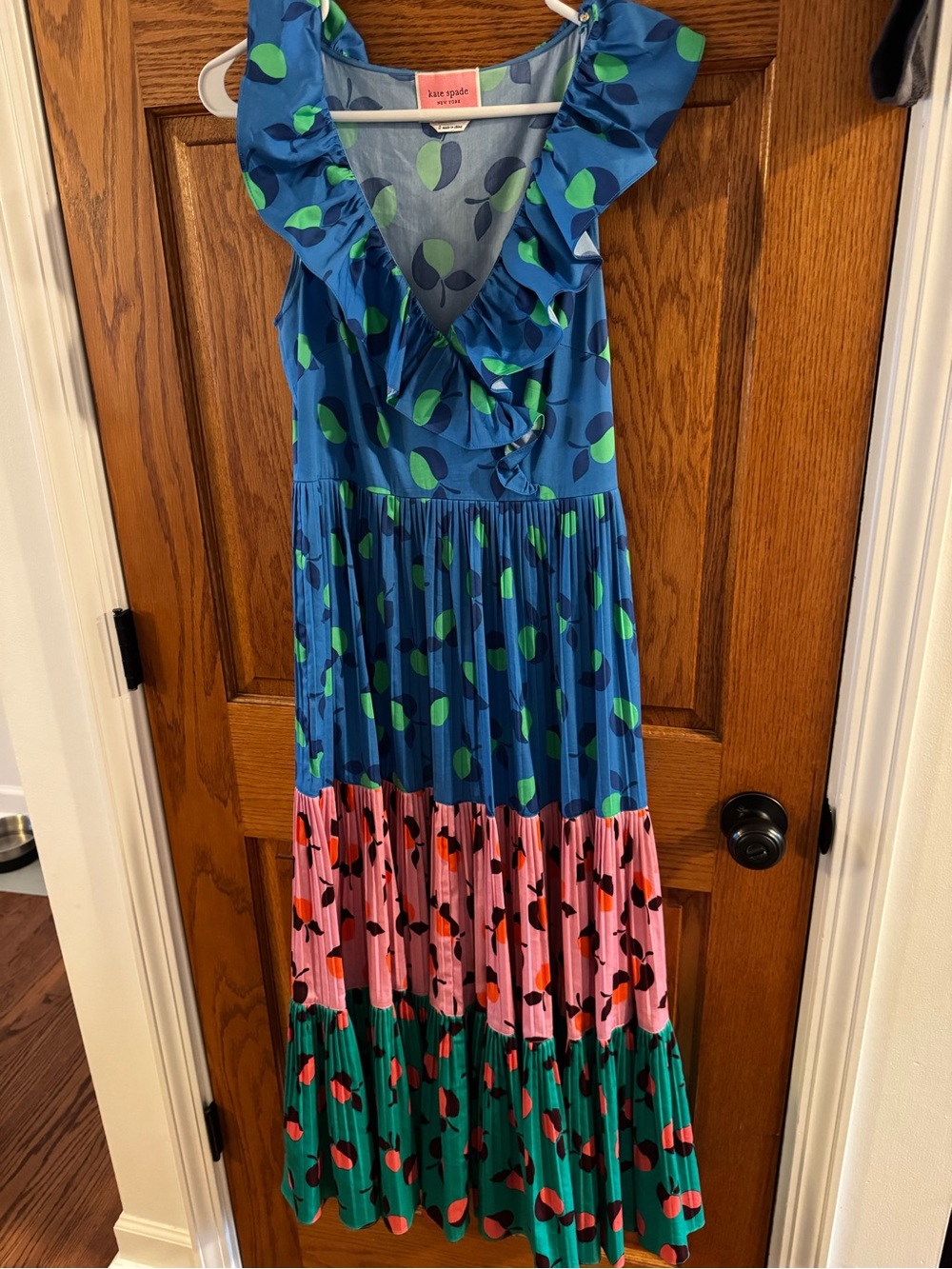 kate spade blue, green, pink tiered ruffle maxi dress